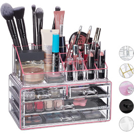 Relaxdays Make Up Organizer Acryl, 2-teilige Schminkaufbewahrung mit Lippenstifthalter und 4 Schubladen,  19 x 24 x 13.5 cm (Transparent/Pink)
