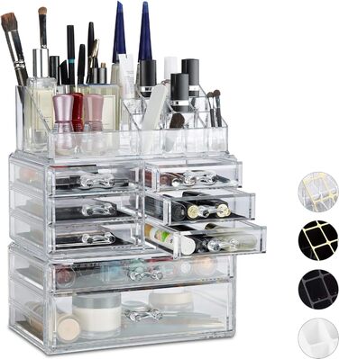 Relaxdays 1 x Make Up Organizer mit Schubladen, stapelbarer Schmuckkasten für Make Up, Acryl Schminkaufbewahrung, transparent 1 Transparent 1 Stück