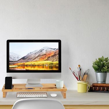 Relaxdays Monitorständer Bambus, Bildschirmerhöhung mit Stauraum, 9x60x30cm
