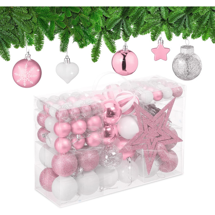 Relaxdays Weihnachtskugeln 101er Set, Kunststoff, Christbaumschmuck, rosa/weiß Hellrosa