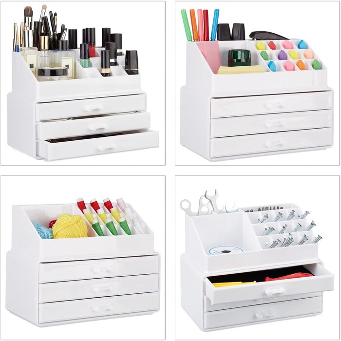 Relaxdays 2 x Make Up Organizer klein, 2-teilige Schminkaufbewahrung mit Schubladen, stapelbares Kosmetikregal, transparent