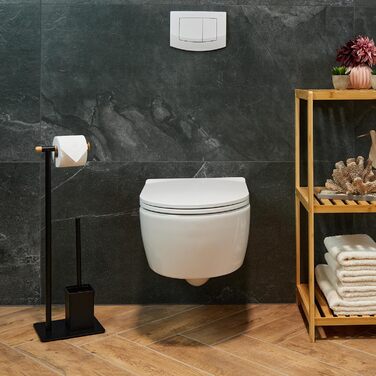 Relaxdays WC Garnitur, Bambus, Edelstahl, Klopapierhalter & Toilettenbürste mit Halter, schwarz/Natur