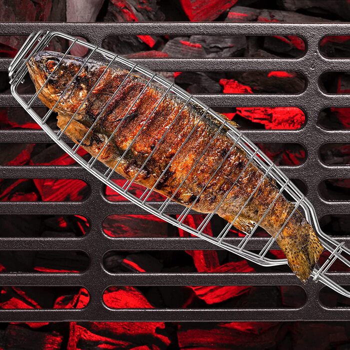 Relaxdays Fischbräter 2er Set, Edelstahl, Gummigriff, 58,5 cm lang, Fischhalter zum Grillen, Grillkorb Fisch, Silber