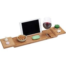 Relaxdays Badewannenablage Bambus, 70cm breit, Badetablett für Glas, Handy, Tablet, Badewannenbrett zum Einhängen, natur