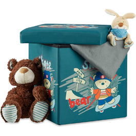 Relaxdays Sitzhocker für Kinder, faltbar, mit Stauraum, Aufbewahrungsbox mit Deckel, HxBxT 38 x 38 x 38 cm, Bär