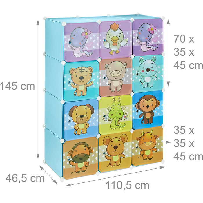 Relaxdays, blau Steckregal Kinderzimmer, Tiermotive, Jungen, Türen, Kleiderstangen, Kunststoff Kleiderschrank, 145x110cm, 60%, Standard