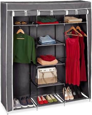 Relaxdays Stoffkleiderschrank, 9 Fächer, 2 Kleiderstangen, HBT: 173 x 148 x 43 cm, Camping, Keller, Faltschrank, anthrazit, Stoff