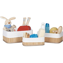 Relaxdays Aufbewahrungskorb 3er Set, Stoffbezug, Bambus, rechteckig, Bad, Accessoires, Spielzeug, Allzweckkorb, natur