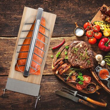 Relaxdays Flammlachsbretter, 2er Set, Zedernholz, neigbare Edelstahl Halterung, Räucherbrett HBT 57 x 20 x 5,5 cm, Natur