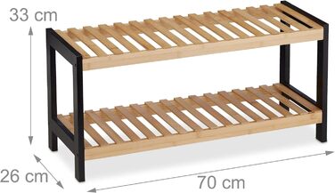 Relaxdays Schuhregal, 2 Ebenen, für 6 Paar Schuhe, offen, Schuhständer HBT: 33 x 70 x 26 cm, Bambus, MDF, natur/schwarz