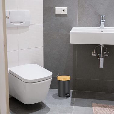 Relaxdays Mülleimer Bad, 3 l, Kosmetikeimer mit Absenkautomatik, Bambusdeckel, entnehmbarer Inneneimer, Treteimer, (Schwarz)