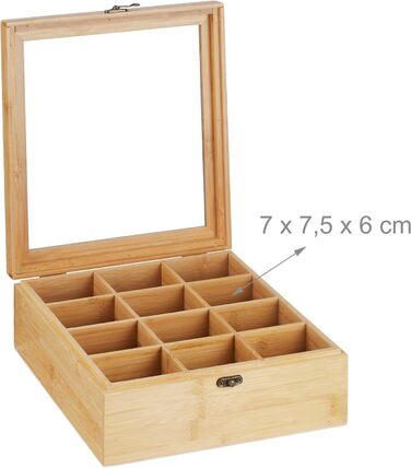 Relaxdays Teebox, 12 Fächer, Bambus, 9,5x26,5x28,5 cm, Tee & Kaffeepads, Deckel, Natur