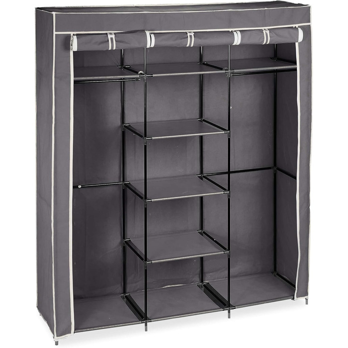 Relaxdays Stoffkleiderschrank, 9 Fächer, 2 Kleiderstangen, HBT: 173 x 148 x 43 cm, Camping, Keller, Faltschrank, anthrazit, Stoff