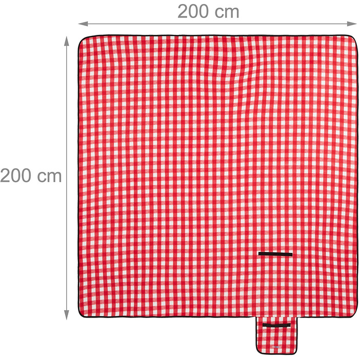Relaxdays XXL Picknickdecke, 200 x 200 cm, Fleece Stranddecke, wärmeisoliert, wasserdicht, mit Tragegriff, rot/weiß