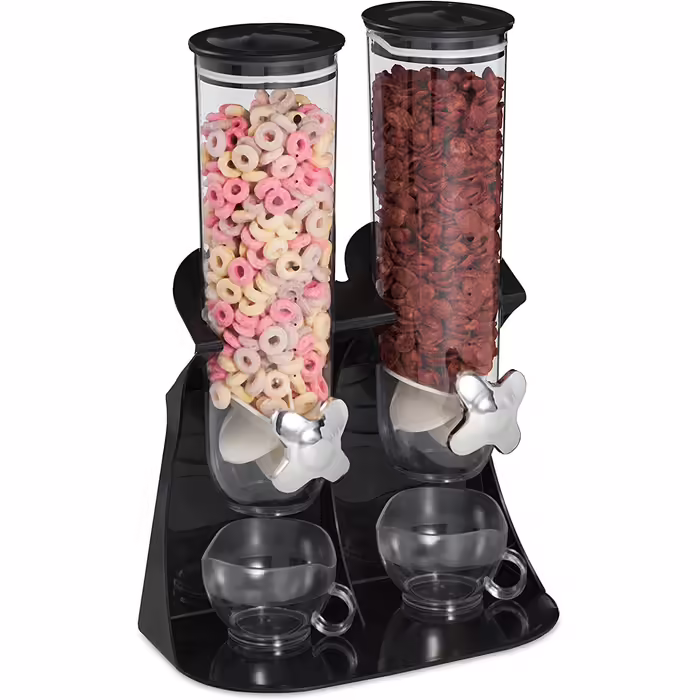 Relaxdays Müslispender doppelt, Cerealienspender für Müsli, Cornflakes, Süßigkeiten, Snackspender Kunststoff, schwarz