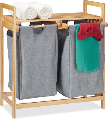 Relaxdays Wäschekorb mit Ablage, 2 Fächer, 2x 30 l Wäschesäcke, Bambus Ausziehwäschekorb HBT 73 x 64 x 33 cm, natur/grau, 1 S