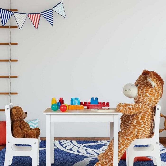 Relaxdays Kindertisch mit 2 Stühlen, 3-teiliges Set, robuste Kindermöbel, MDF, weiß/Natur, 48x60x60 cm