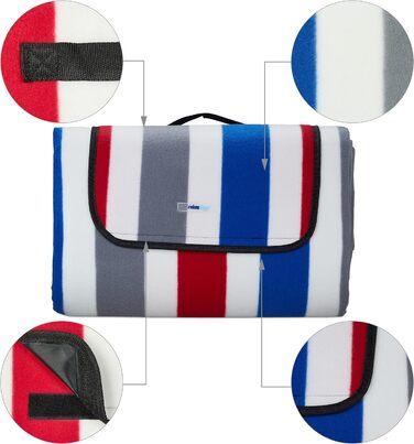 Relaxdays XXL Picknickdecke, 200x300 cm, weich, wasserdichte Unterseite, Tragegriff, gestreifte Fleece Stranddecke, bunt