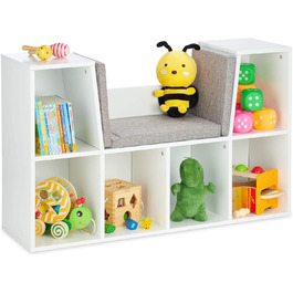 Relaxdays Bücherregal mit Sitzkissen, Kinderregal mit 6 Fächern, 63x103x30 cm, gepolstert, Sitzbank Kinderzimmer, weiß
