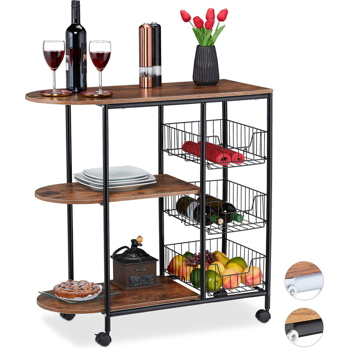 Relaxdays Servierwagen, 3 Ablagen & Körben, Industrial, Metall & MDF, 84x83x37 cm, weiß/braun