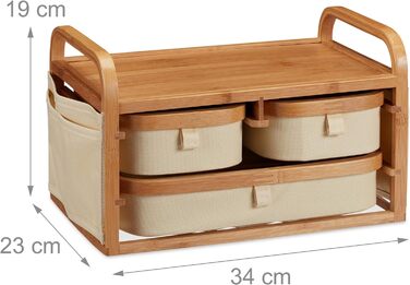 Relaxdays, Natur Mini Kommode Bambus, 3 Fächer, kleines Badregal, Stoff, Kosmetikorganizer Landhaus, HBT 19 x 34 x 23 cm, Standard