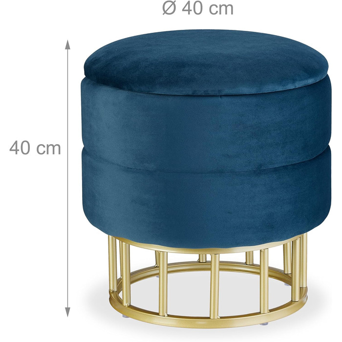Relaxdays Samthocker mit Stauraum, runder gepolsterter Sitz, 40x40 cm, blau/Gold