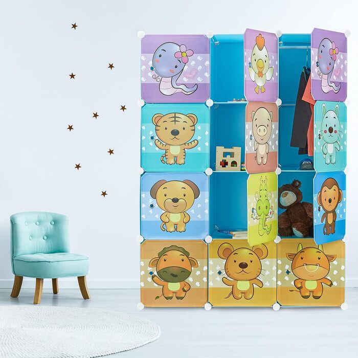 Relaxdays, blau Steckregal Kinderzimmer, Tiermotive, Jungen, Türen, Kleiderstangen, Kunststoff Kleiderschrank, 145x110cm, 60%, Standard
