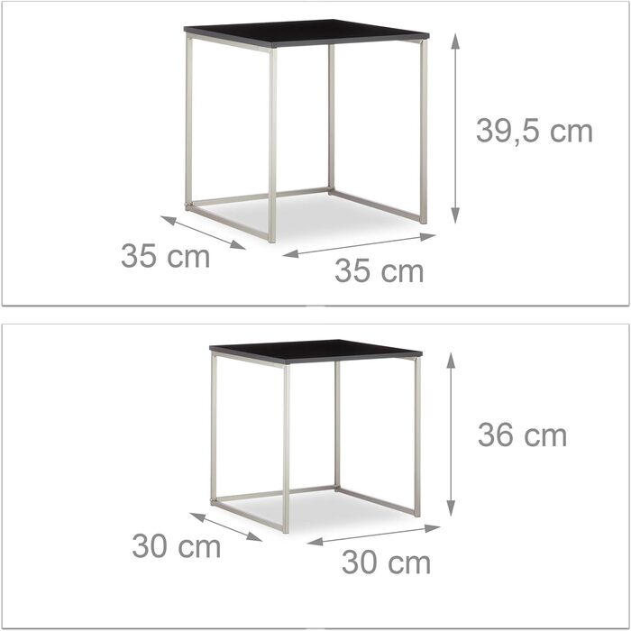 Relaxdays, schwarz/Silber Beistelltisch quadratisch 3er Set, Mattes Stahlgestell, Satztische, MDF, HxBxT: 42x40x40 cm