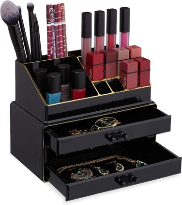 Relaxdays Make Up Organizer klein, 2-teilige Schminkaufbewahrung mit Schubladen, stapelbares Kosmetikregal, schwarz/Gold, 1 Stück