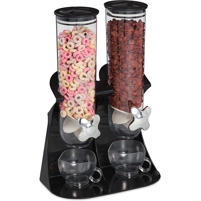 Relaxdays Müslispender doppelt, Cerealienspender für Müsli, Cornflakes, Süßigkeiten, Snackspender Kunststoff, schwarz