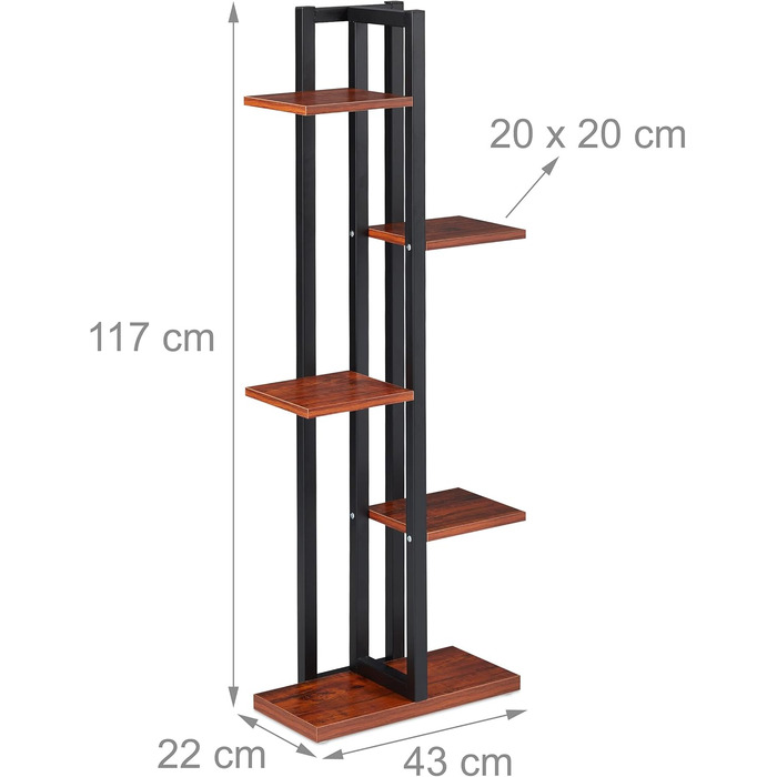 Relaxdays Pflanzenregal, Blumentreppe mit 5 Ablagen, 117x43x22 cm, Stahl/MDF, Dunkelbraun