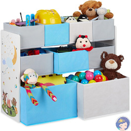 Relaxdays Kinderregal mit 9 Stoffboxen, Lagerfeuer Kindermotiv, Spielzeugregal Organizer HBT 66 x 82,5 x 29,5 cm, bunt