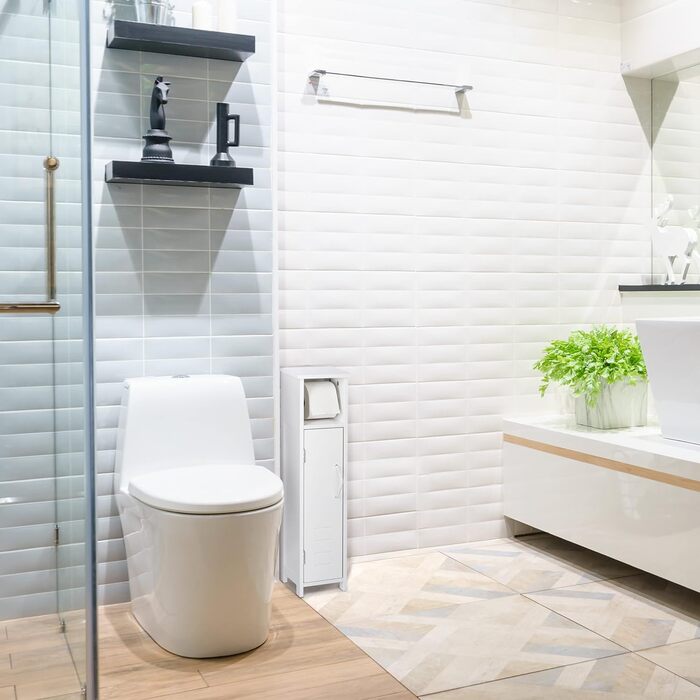 Relaxdays Toilettenpapierhalter stehend, Badezimmeregal HBT: 71x18x20 cm, Griff aus Seil, WC Papier Schrank, MDF, weiß