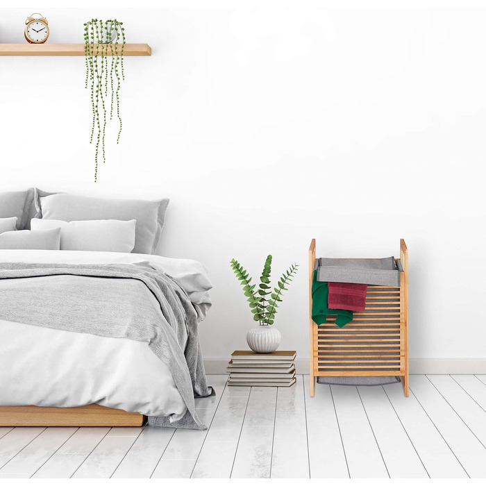 Relaxdays Wäschekorb Bambus, eckig Wäschesammler mit Deckel, für Schmutzwäsche im Bad, HBT: 60 x 40 x 35 cm, natur/grau