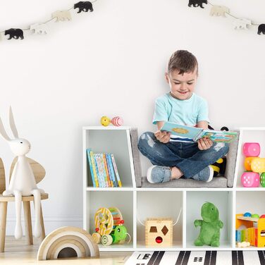 Relaxdays Bücherregal mit Sitzkissen, Kinderregal mit 6 Fächern, 63x103x30 cm, gepolstert, Sitzbank Kinderzimmer, weiß