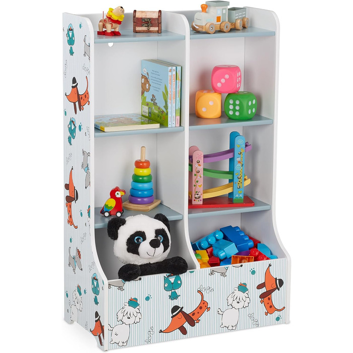 Relaxdays Kinderregal, HxBxT: 90 x 59 x 30 cm, Kinderzimmerregal mit Hundemotiv, 8 Fächer, MDF, Bücherregal Kinder, bunt
