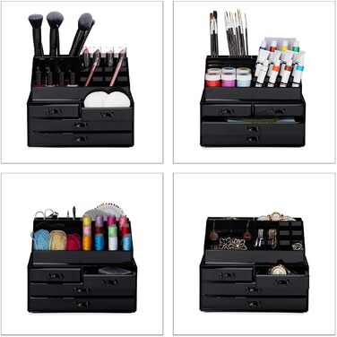 Relaxdays Make Up Organizer Acryl, 2-teilige Schminkaufbewahrung mit Lippenstifthalter und 4 Schubladen,  19 x 24 x 13.5 cm (Schwarz)