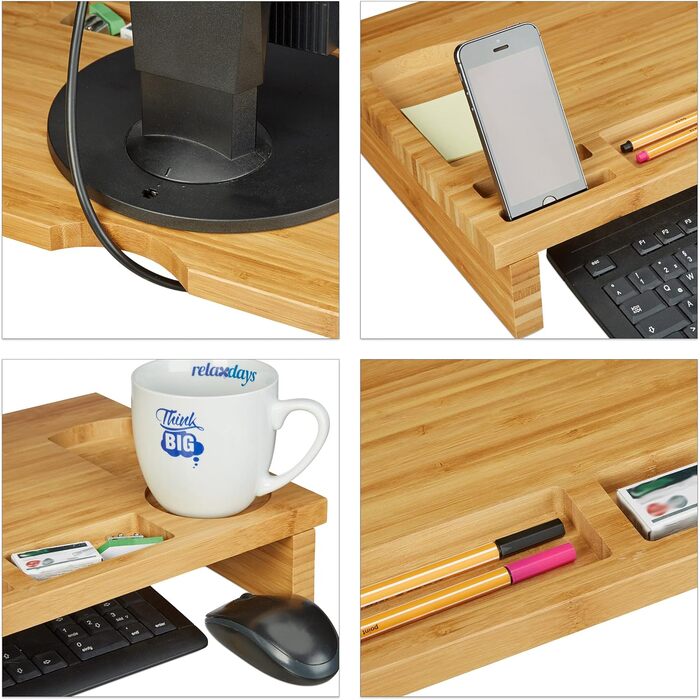 Relaxdays Monitorständer Bambus, Bildschirmerhöhung mit Stauraum, 9x60x30cm