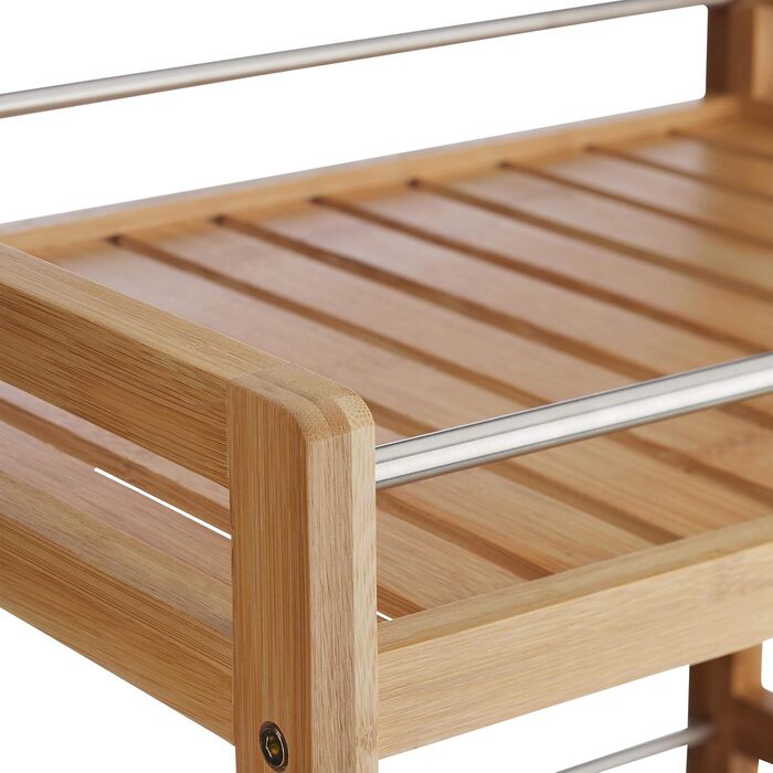 Relaxdays Servierwagen Bambus, 3 Ablagen, 360° Rollen, Edelstahl-Stangen, HBT: 76,5x46x38 cm