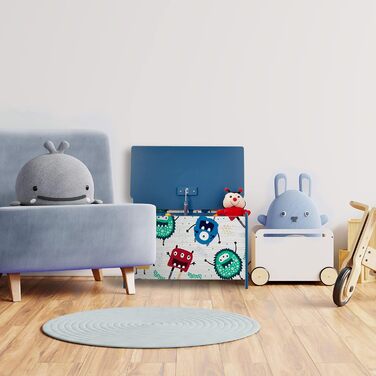 Relaxdays Spielzeugtruhe, Monster-Design, Spielzeugkiste mit Deckel, HBT: 50x60x36,5 cm, MDF, Spielzeugbox, blau/weiß