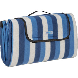 Relaxdays XXL Picknickdecke, 200 x 200 cm, Fleece Stranddecke, wärmeisoliert, wasserdicht, mit Tragegriff, blau/weiß