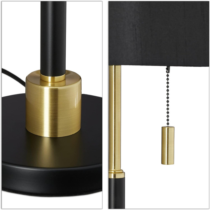 Relaxdays Tischlampe mit Zugschalter, elegante Nachttischlampe mit Stoffschirm, E27 Fassung, HD 69 x 24 cm, schwarz-gold