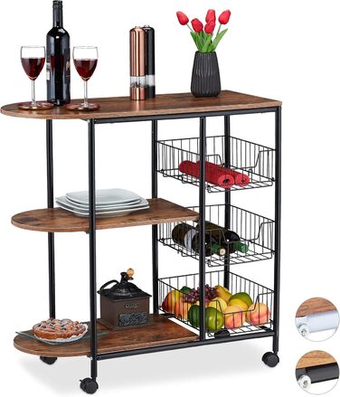 Relaxdays Servierwagen, 3 Ablagen & Körben, Industrial, Metall & MDF, 84x83x37 cm, weiß/braun
