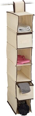 Relaxdays Hängeregal Stoff, 6 Fächer, 2 Schübe, für Kleiderschrank, HBT: 82x14,5x30 cm, Beige/Dunkelbraun