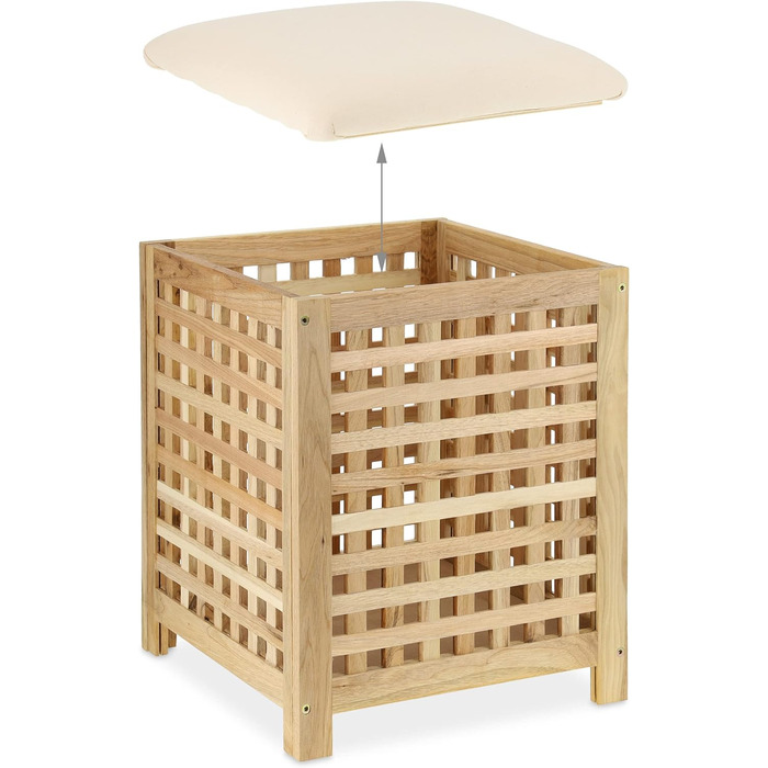 Relaxdays Wäschekorb mit Sitz, Walnussholz, Stoff, HxBxT: 50 x 39 x 39 cm, 45 l Wäschebox, Badhocker mit Stauraum, Natur
