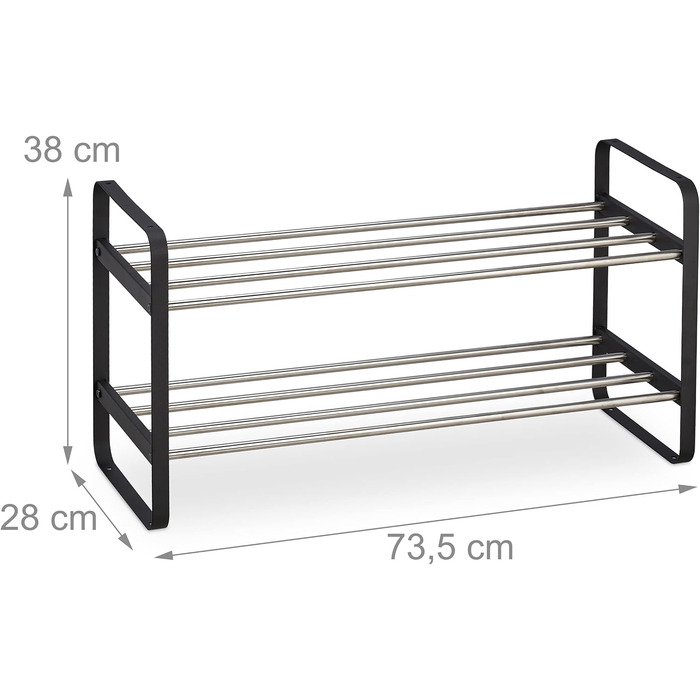 Relaxdays Schuhregal, Metall, 2 Ebenen, stapelbar, HBT 38 x 73,5 x 28 cm, bis zu 6 Paar Schuhe, offen, schwarz/silber
