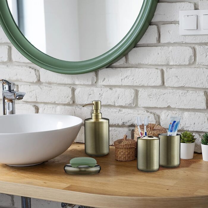 Relaxdays Badezimmer Set, 4-teilig, Seifenspender, Seifenschale, Zahnputzbecher, Zahnbürstenhalter, Edelstahl, Gold 10038874