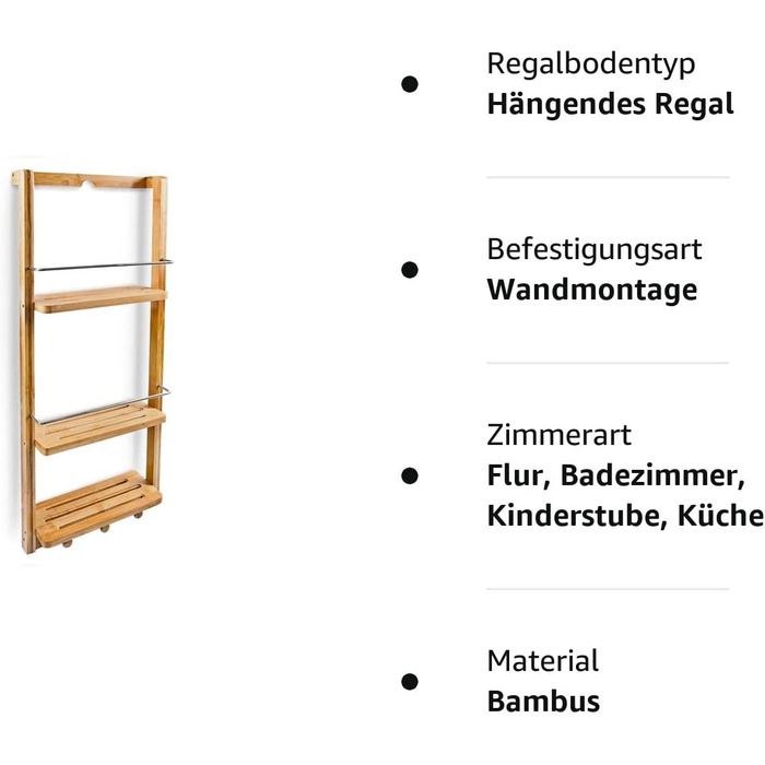 Relaxdays Duschregal mit 3 Ablagen H x B x T: ca. 70 x 28,5 x 10 cm Regal zum Einhängen mit 3 Haken für Handtücher oder Lappen als praktisches Hängeregal für Küche und Bad Duschablage aus Holz, natur Single
