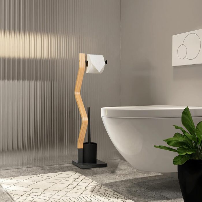 Relaxdays WC Garnitur, stehender Toilettenpapierhalter, Toilettenbürste mit Bürstenhalter, 75x18,5x18,5 cm, grau/Natur