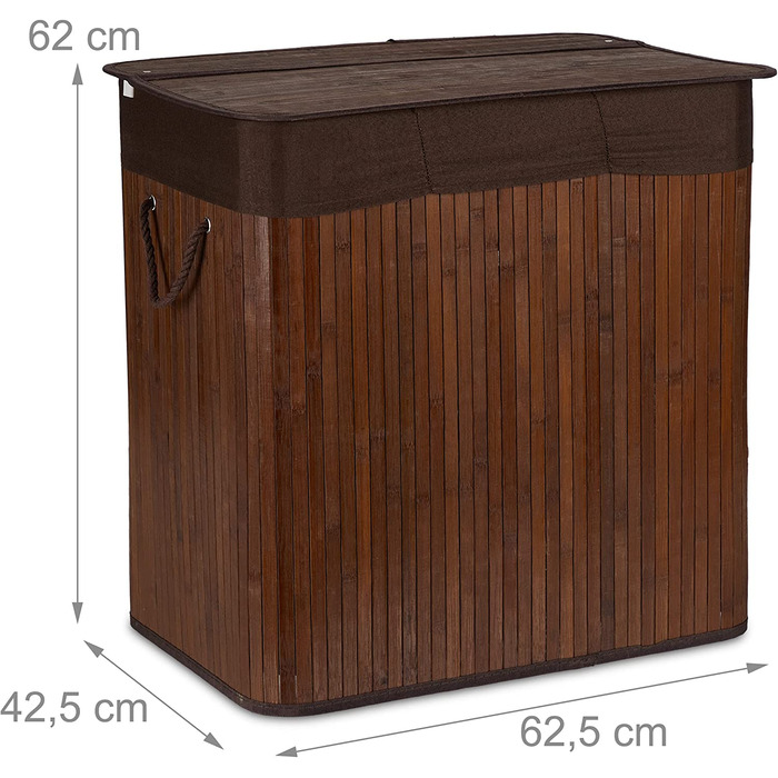 Relaxdays Wäschekorb, mit 3 Fächern, mit Deckel, rechteckiger Wäschesammler, HBT: 62 x 62,5 x 42,5 cm, aus Bambus,  10041530_49 (Braun)
